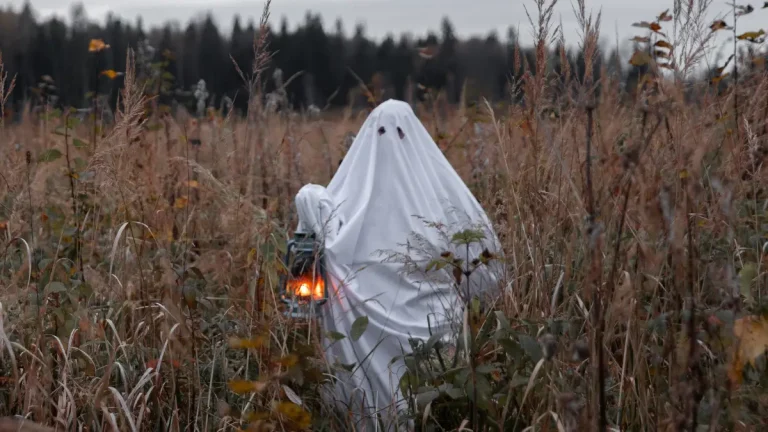 persoon die door een veld loopt, gekleed in een laken als spookkostuum